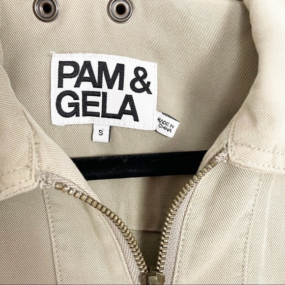 Pam & Gela Patch Pocket Romper Tan Small *FLAW* Drawstring Long Sleeve Revolve - Picture 9 of 12